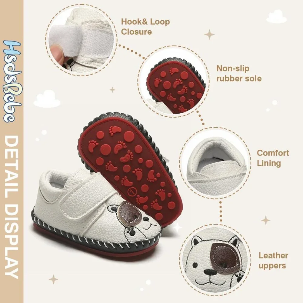 Toddler Dog/Cream White Baby Boys Girls Pu Leather Hard Bottom Walking Sneakers